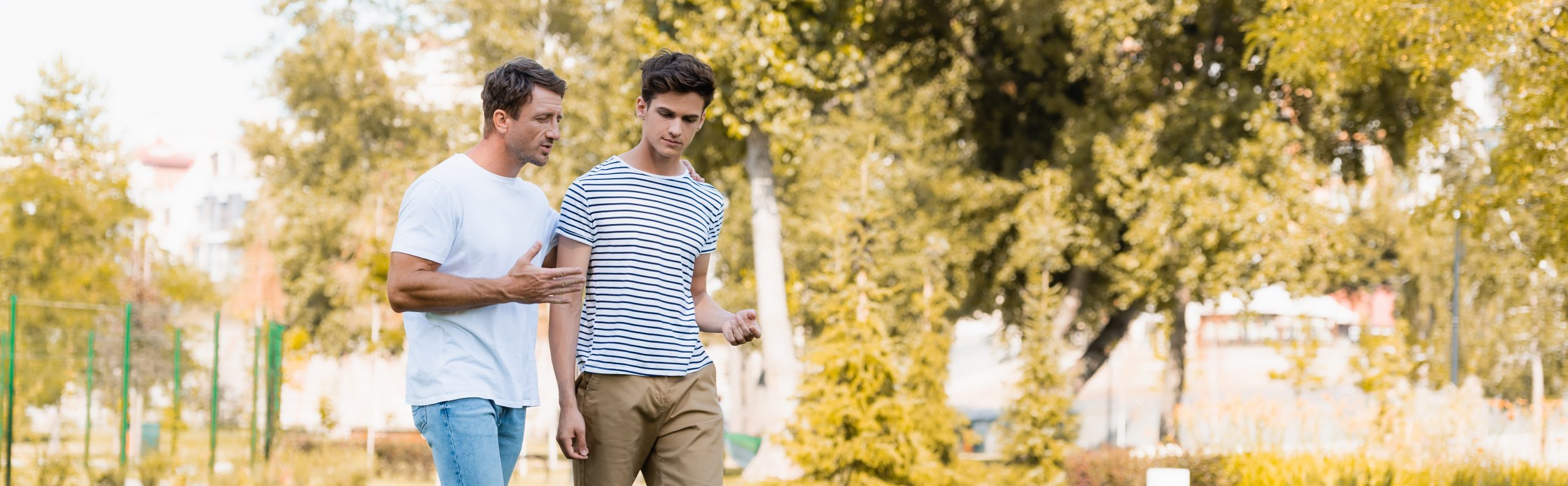 panoramic shot of father walking and talking with teenager son in park